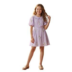 Peppermint Girls A-Line Embroidered Lavender Dress with Peter Pan Collar-Purple